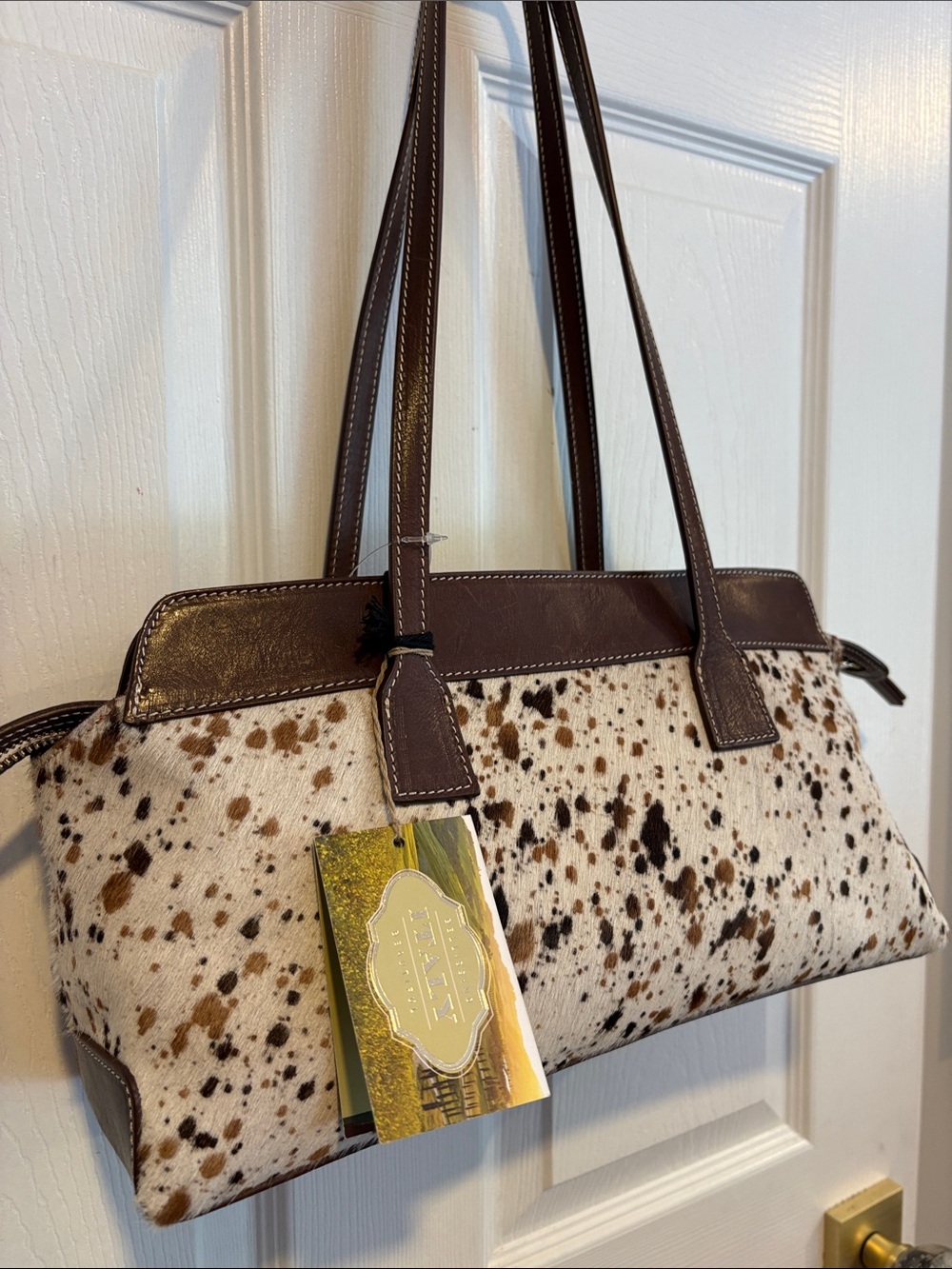 BNWT CAVALCANTI Viral Spotted Cowhide Shoulder Bag with Brown Leather Trim